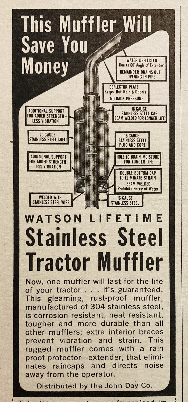 1969 AD.(XH78)~WATSON STAINLESS STEEL TRACTOR MUFFLER, JOHN DAY CO. DISTRIBUTOR