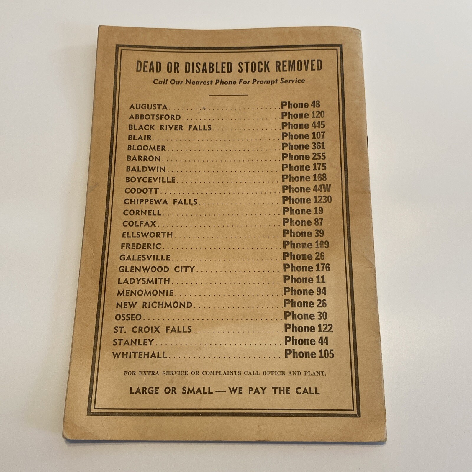 CASH PAID FOR DEAD ANIMALS Chippewa Falls Rendering Advertising Farm Record Book