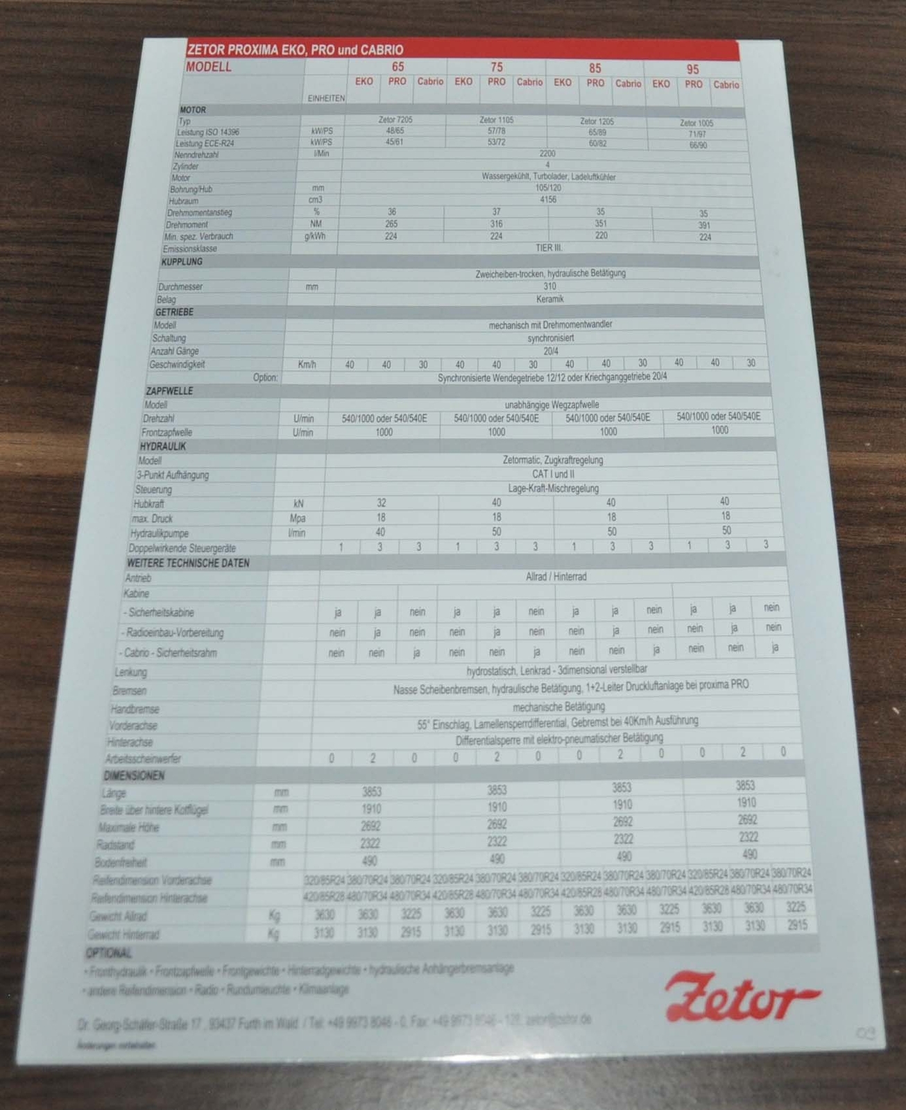 Zetor Proxima 65 75 85 95 Tractor Specification Brochure Prospekt