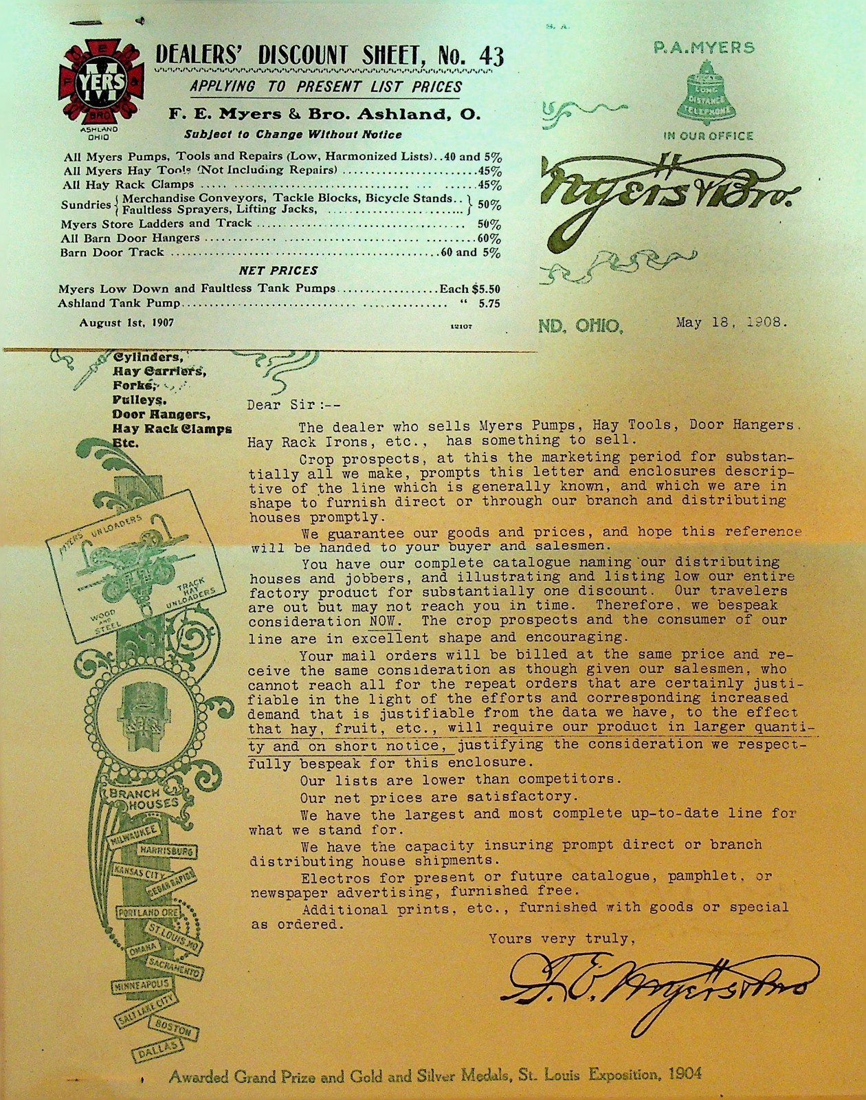 FE Myers 1908 Letterhead Force & Lift Pumps Hay Tools Ashland Ohio Agriculture