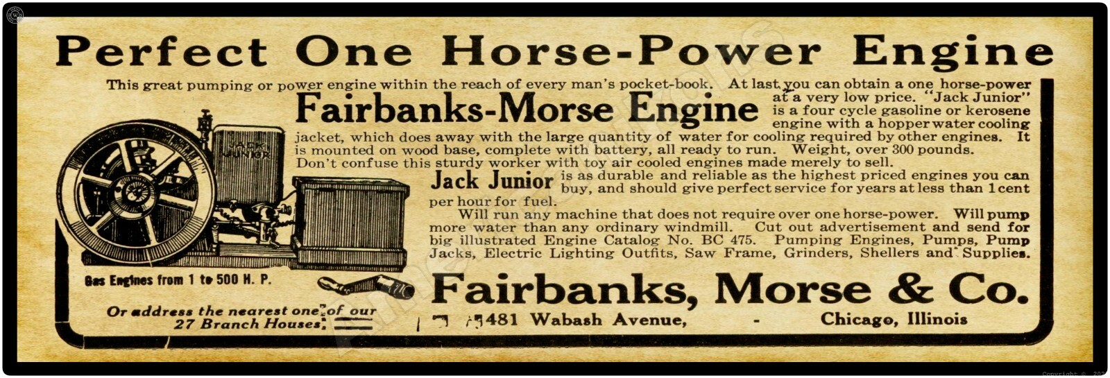 1910 Fairbanks Morse Jack Jr. Gas Engine New Metal Sign: 6&Prime; x 18&Prime; Chicago, IL