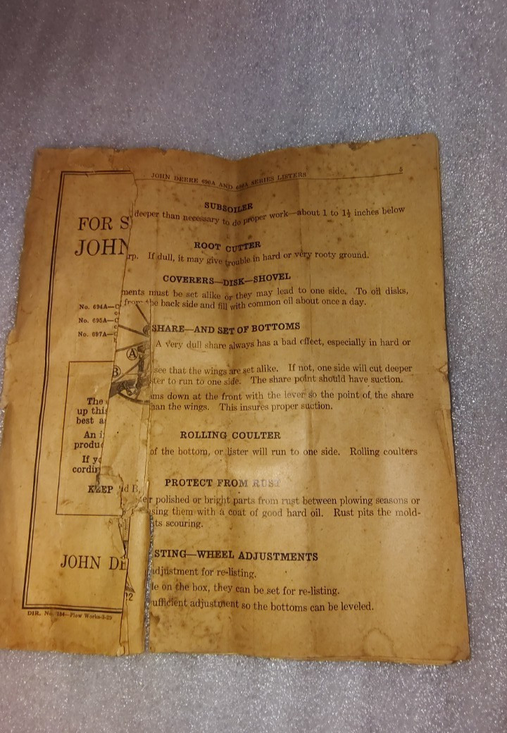 John Deere 1920s 1930s Series Lister Operator & Parts Manual