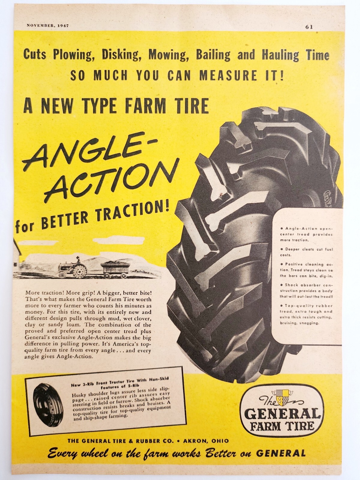 1947 General Farm Tires Advertisement Farming Tractor Agriculture DWNN16
