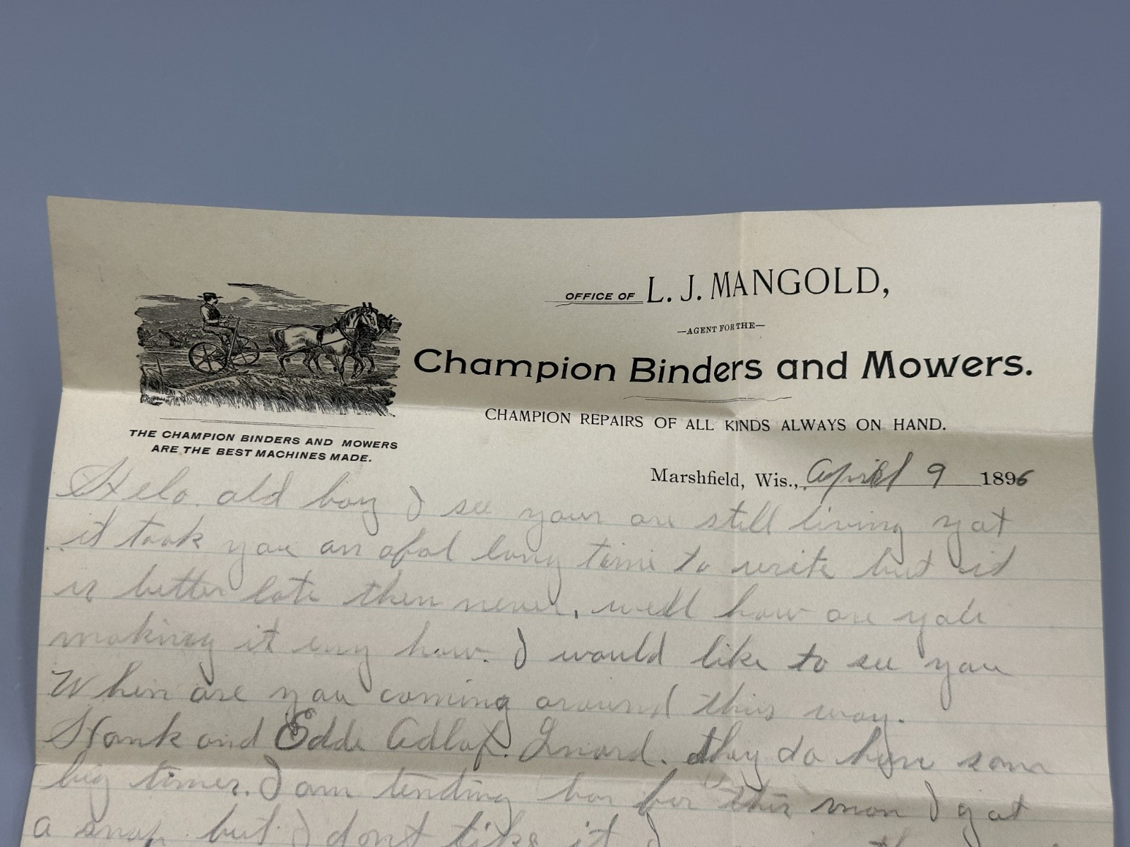1896 CHAMPION Binders Mowers MARSHFIELD WI Postal Cover Letter FARM ADVERTISING