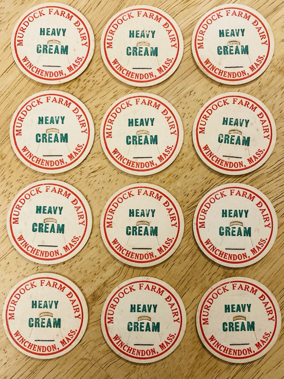 MILK BOTTLE CAP LOT OF (12)~MURDOCK DAIRY FARM, WINCHENDON, MASS. HEAVY CREAM