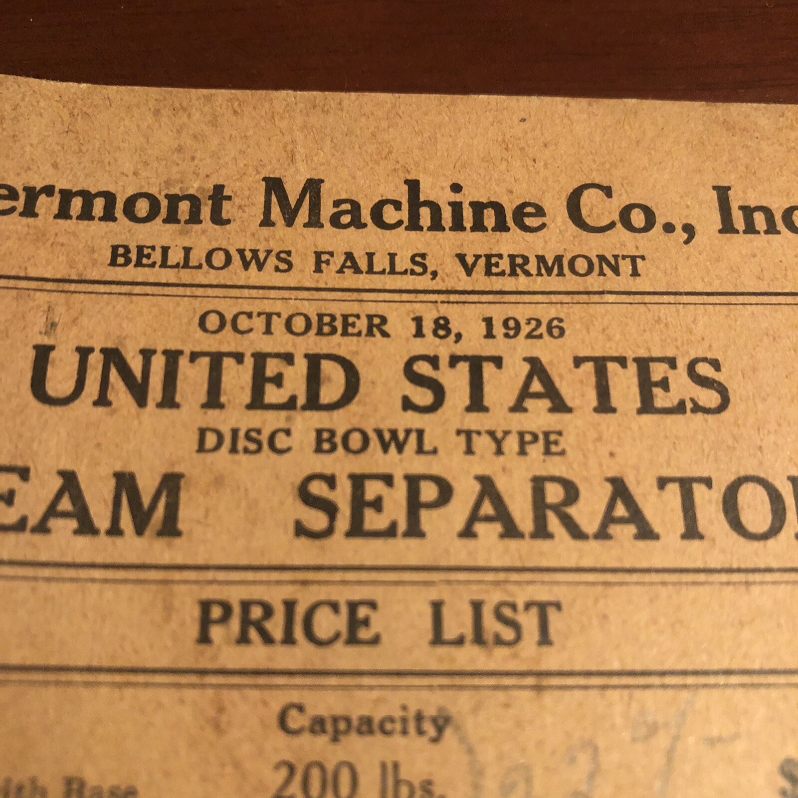 1926 VERMONT MACHINE Co. Cream Separators Price List ~ Bellows Falls VT ~VINTAGE