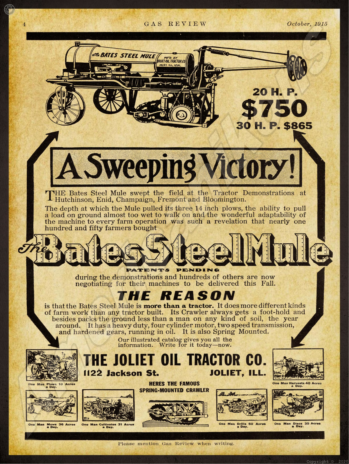 1915 Joliet Oil Tractor Company New Metal Sign: Bates Steel Mule – Joliet, IL