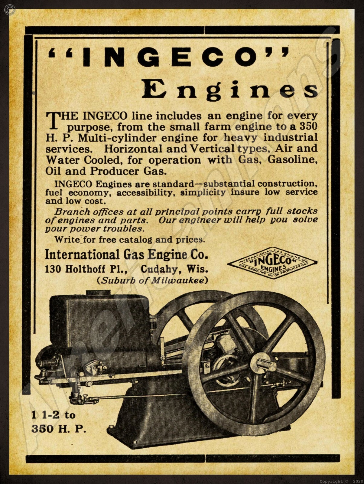 1912 INGECO Engines of Cudahy, WI NEW Metal Sign 24&Prime;x30&Prime; USA STEEL XL Size 7 lb