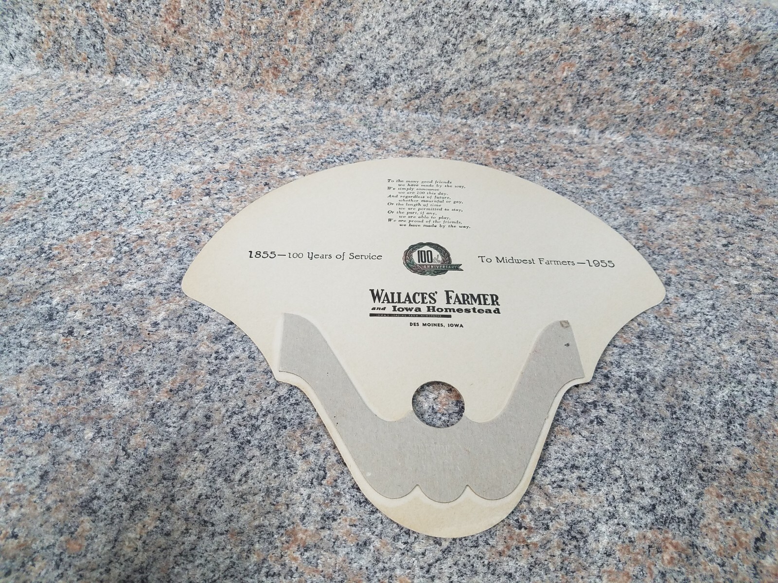 VINTAGE WALLACES&rsquo; FARMER 100TH ANNIVERSARY HAND HELD FAN, DES MOINES, IOWA, 1955