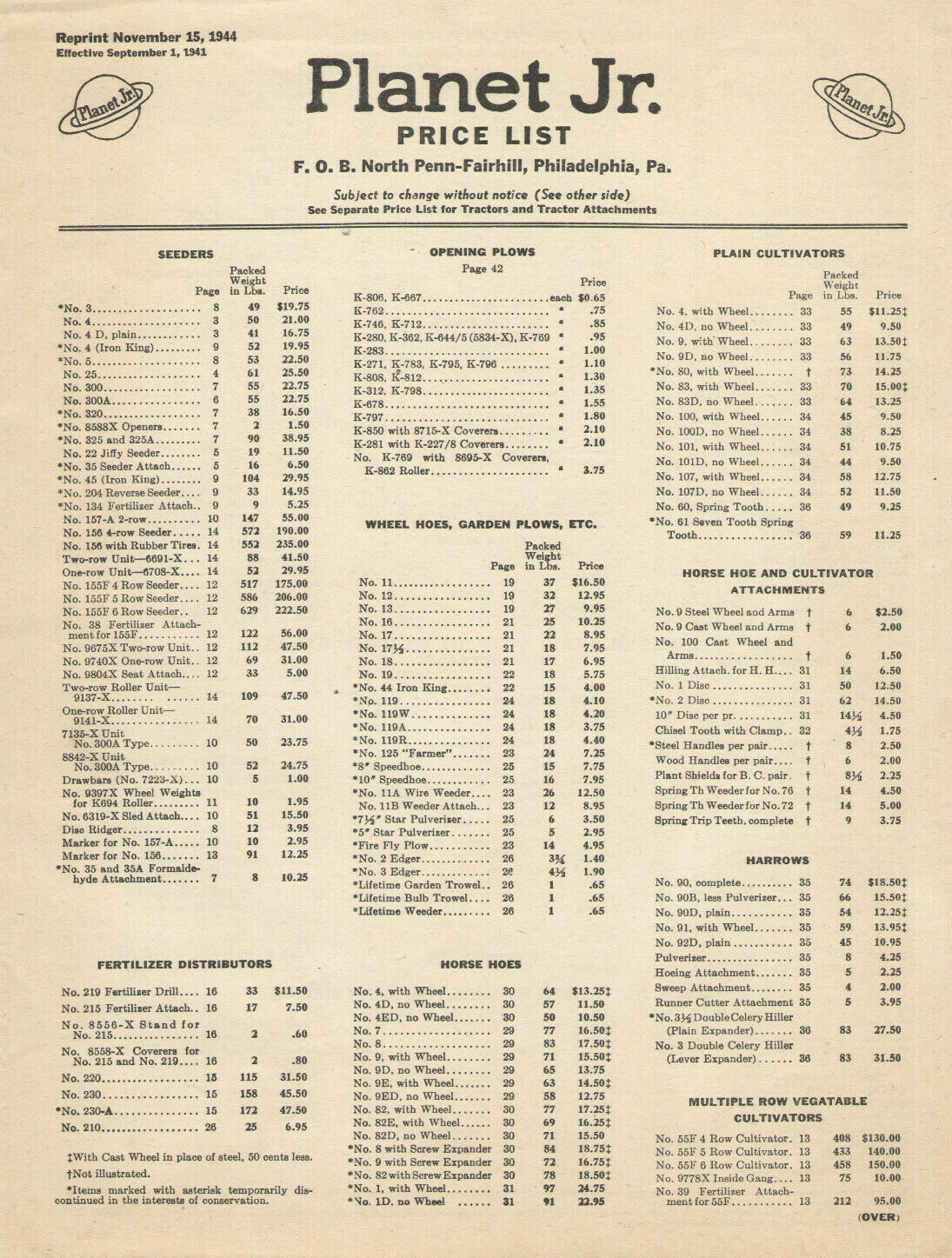 VTG 1944 PLANET JR AGRICULTURAL IMPLEMENTS CATALOG! W/PRICE LIST! SEEDERS/PLOWS+