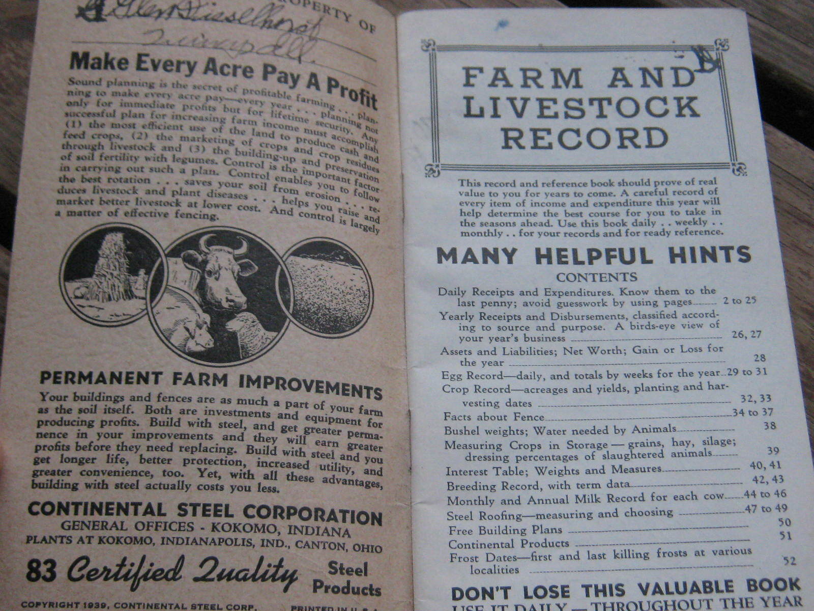 Used 1940 Farm & Livestock Record Book MERKEL Bros Hardware Co Quincy Illinois
