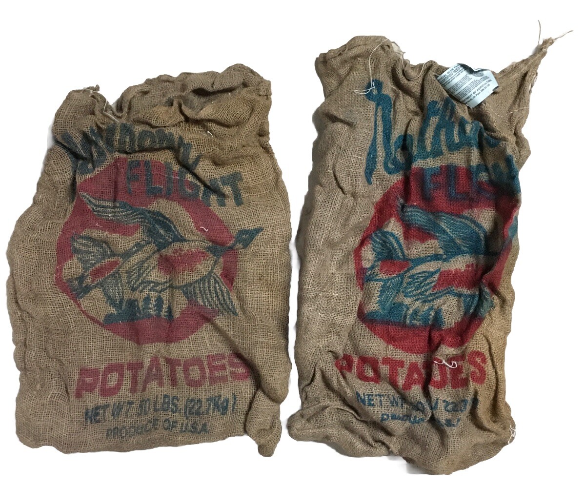 Vtg 2 Minnesota Northern Flight Potato sacks burlap tattered torn 50 lbs