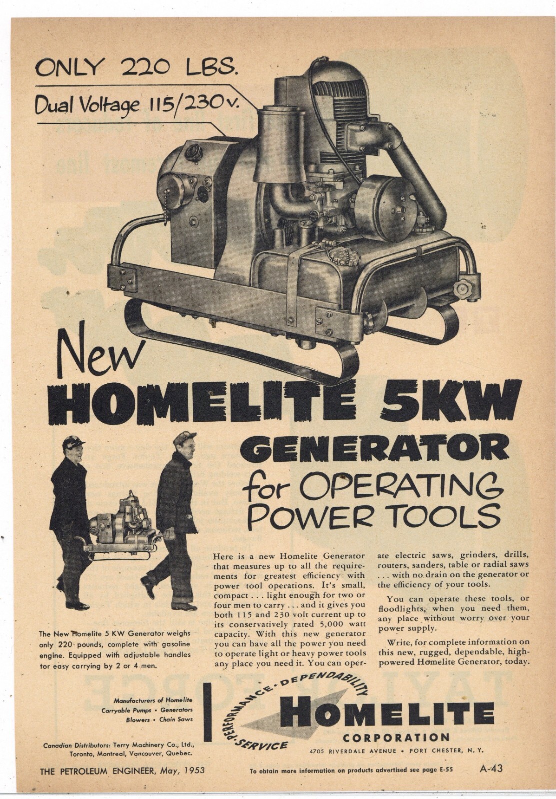 1953 Homelite 5KW Generator Ad: ONLY 220 Pounds! – Port Chester, New York
