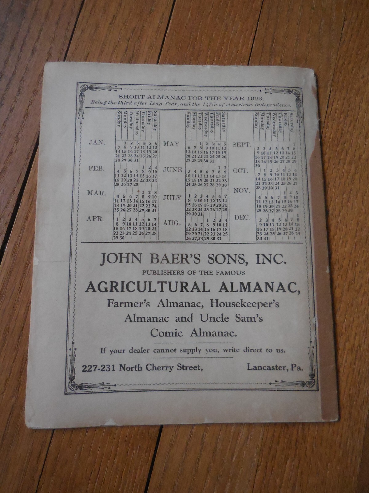 2 Vintage Agricultural Almanacs, Lancaster, PA 1923, 1926, John Baer&rsquo;s Sons