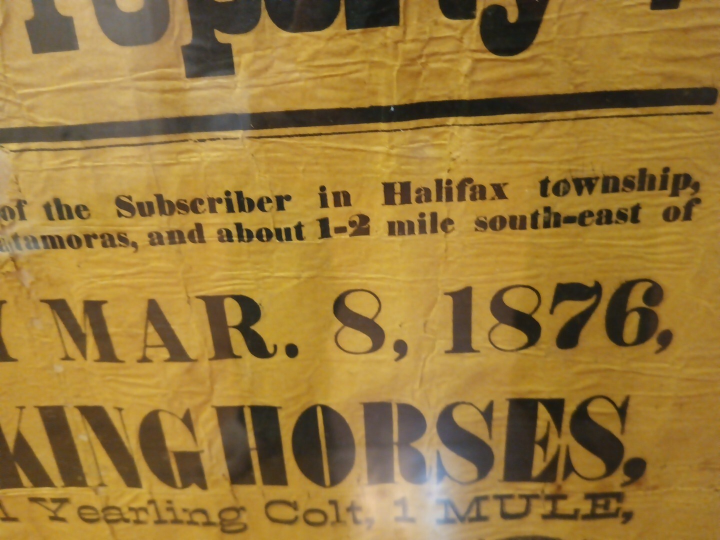 1876 Public Farm Sale Framed Auction Notice, Halifax Township, Pennsylvania