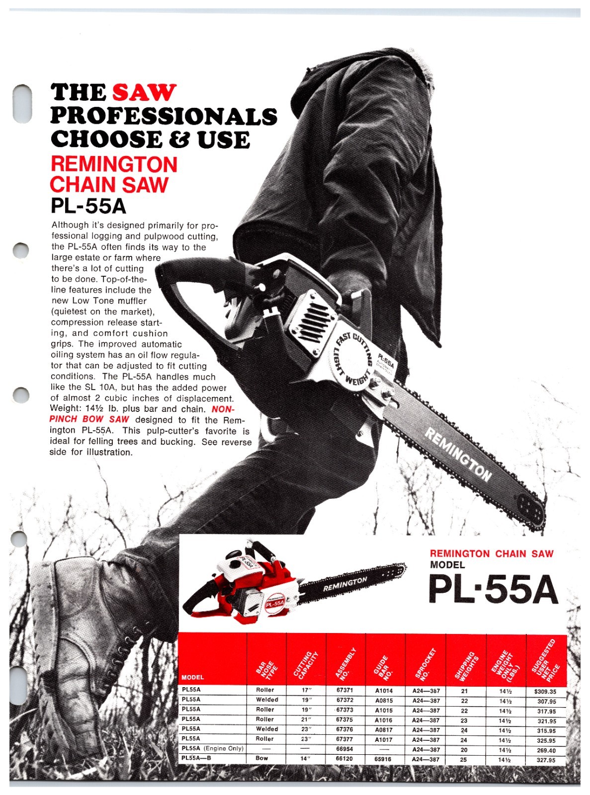 Original 1970s Remington Chainsaws Sales Info Sheet (PL-55A / PL-7A Models)