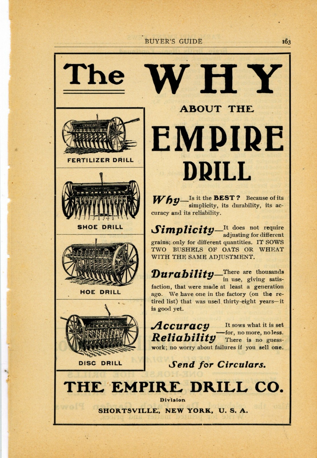 1905 Empire Drill Co. Ad: Shoe, Fertilizer, Hoe, Disc Drills – Shortsville, NY