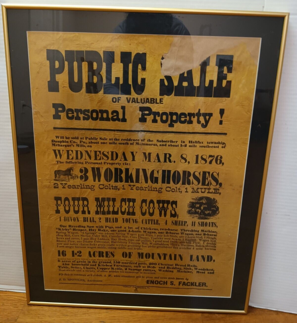 1876 Public Farm Sale Framed Auction Notice, Halifax Township, Pennsylvania