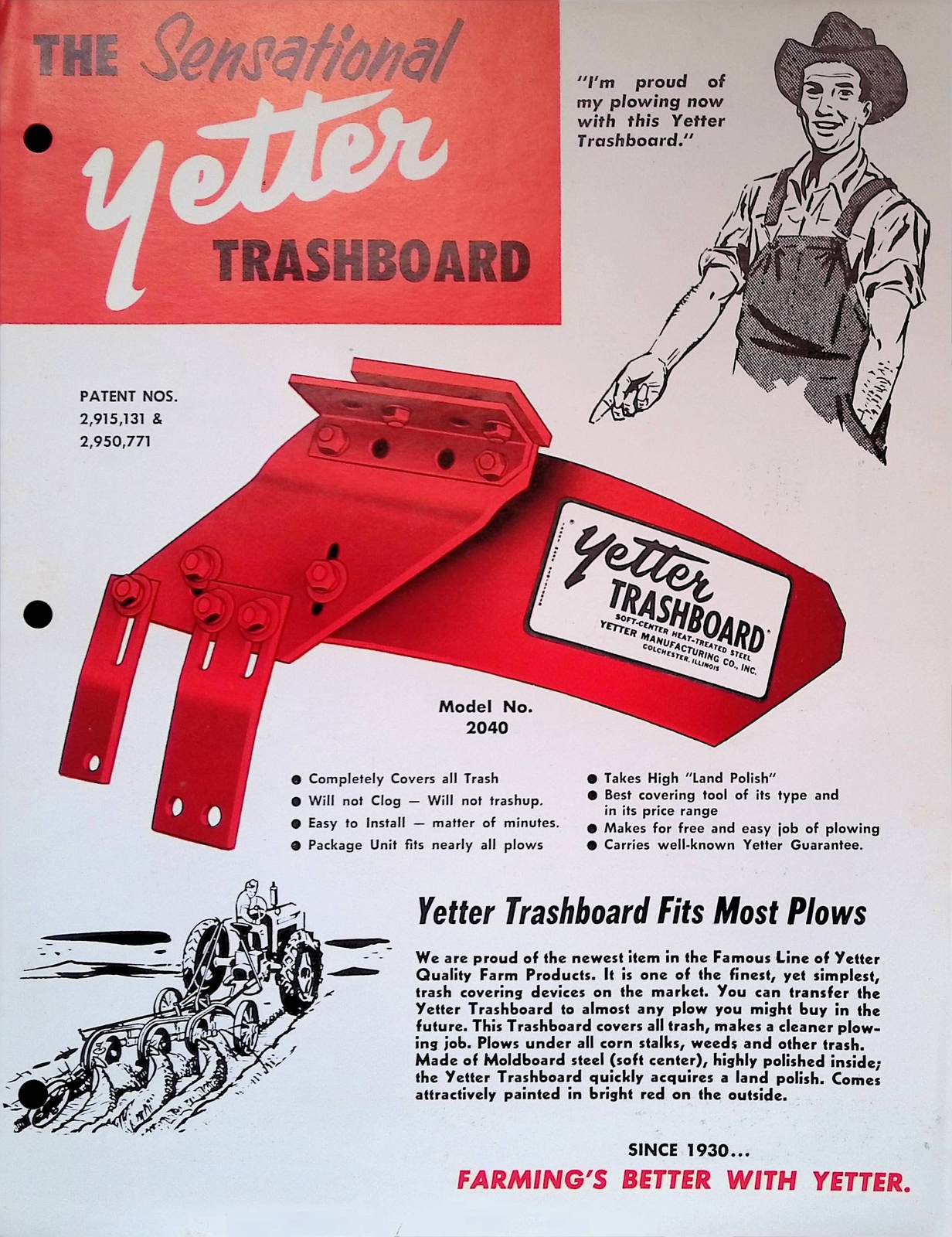 Vintage Farm Advertisement Spec Sheet The Sensational Yetter Trashboard Plows