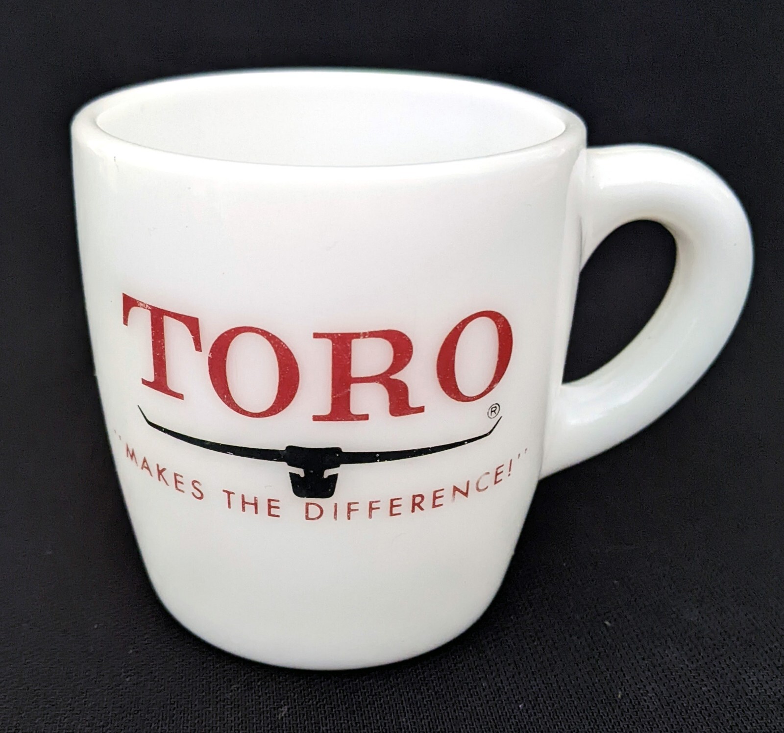 Hazel Atlas ~ Milk Glass Coffee Mug ~ Advertising Toro Lawn Mowers ~ 1960s