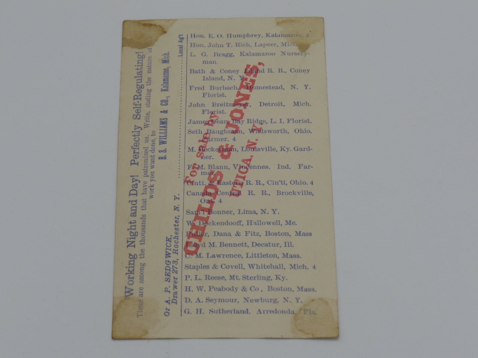 Vintage B.S. WIlliams WINDMILL Kalamazoo, MI 1880&rsquo;s TRADE CARD UTICA, NY