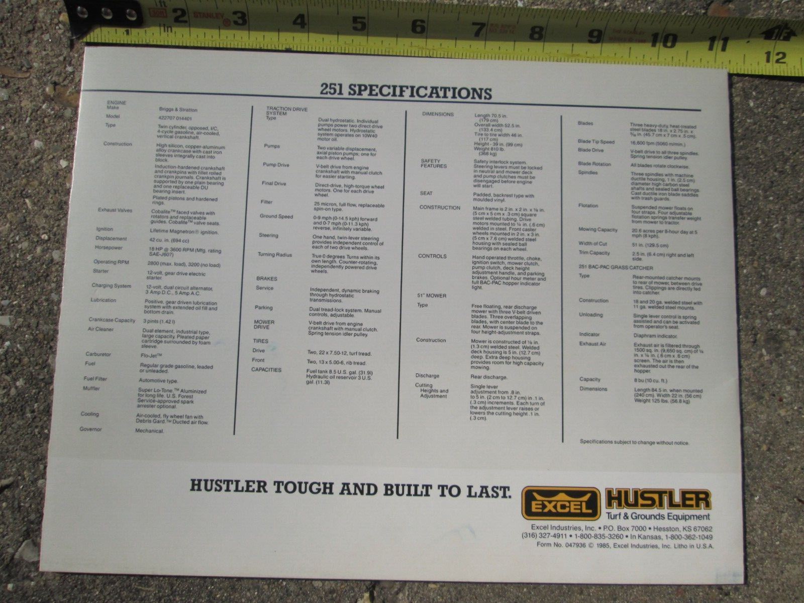 1985 EXCEL HUSTLER 251 Lawn Mower Landscaping Brochure
