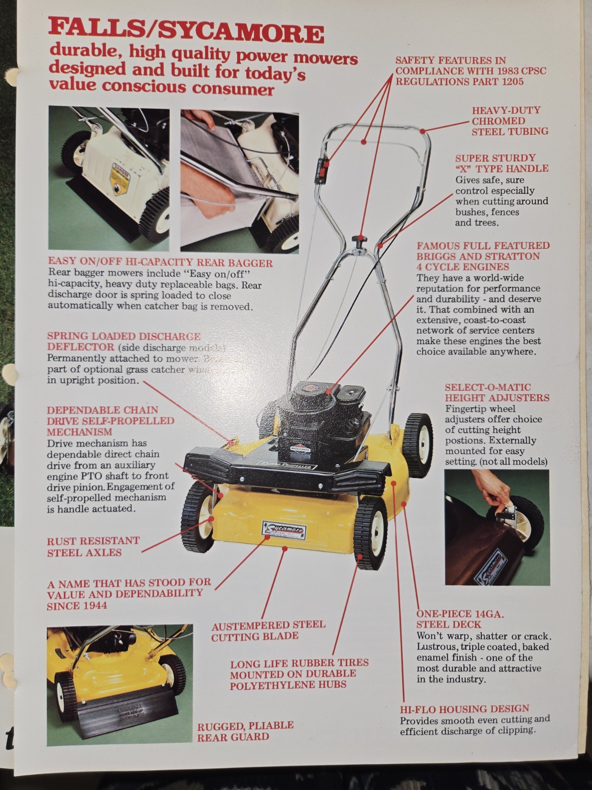 LOT OF 9 70S AND 80S FALLS SYCAMORE LAWN MOWER DEALER COLOR BROCHURES 1976-1986