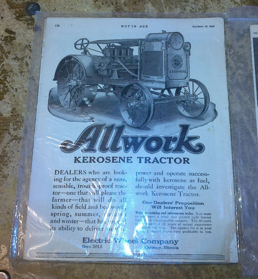2-lot 1920 tractor magazine ads on cardboard in good shape used