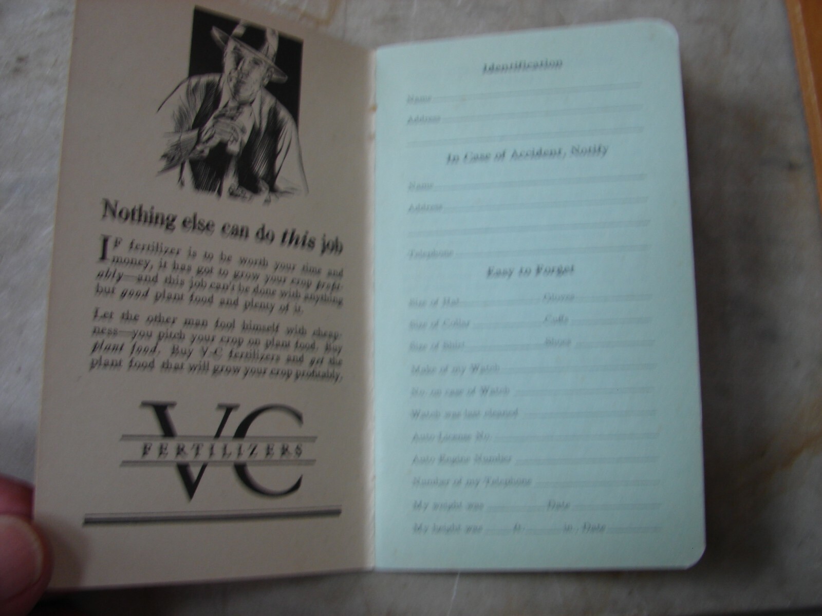1931 VC Fertilizers Pocket Note Booklet w/ Advertising UNUSED Virginia-Carolina