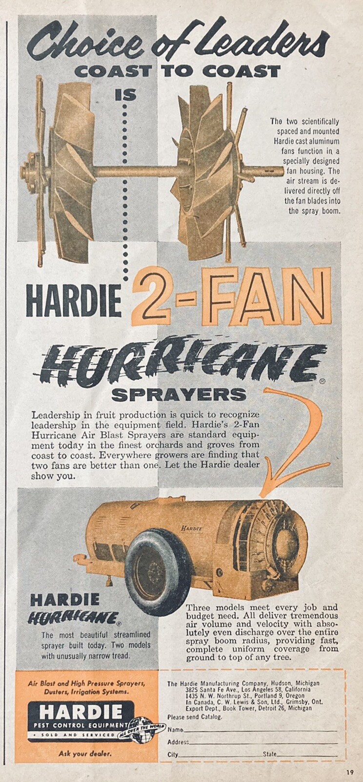 1955 AD(XG11)~HARDIE MFG. CO. HUDSON, MI. HARDIE HURRICANE ORCHARD SPRAYERS