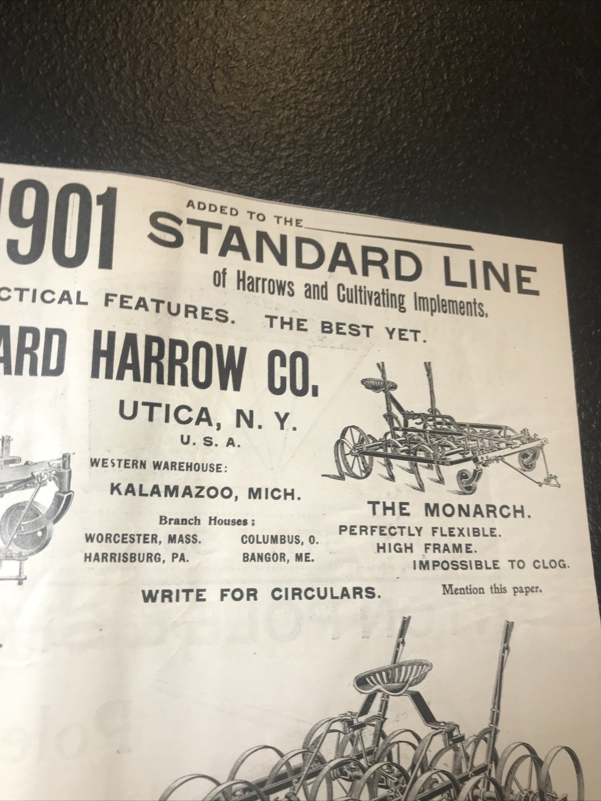 ORIGINAL 1900 The Standard Harrow Co. Farm Advertising – Utica – New York