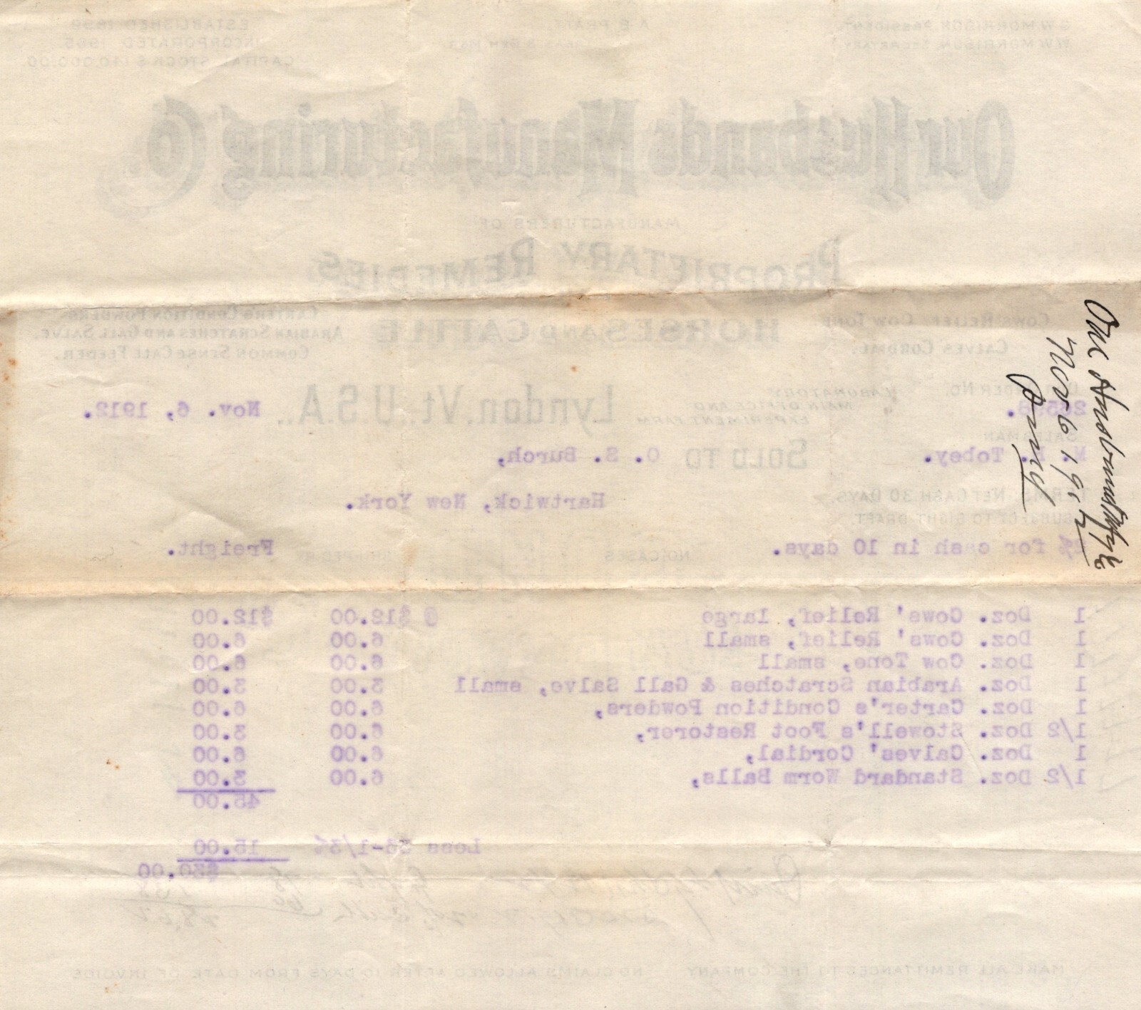 Agriculture Husbands MFG Horses Cattle Engraved Logo Paper Invoice A12D