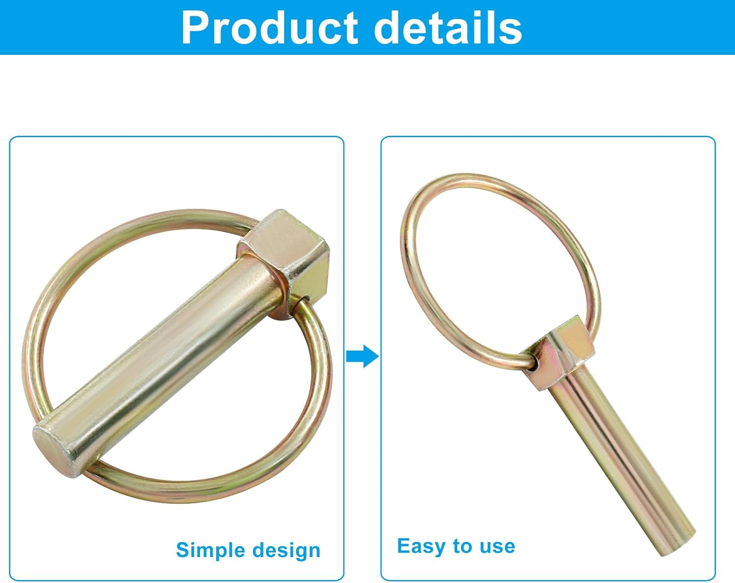 6 PCS 3/8 Lynch Pin, Linch Pin with Ring, Shaft Locking Pin Heavy Duty Lynch Pin