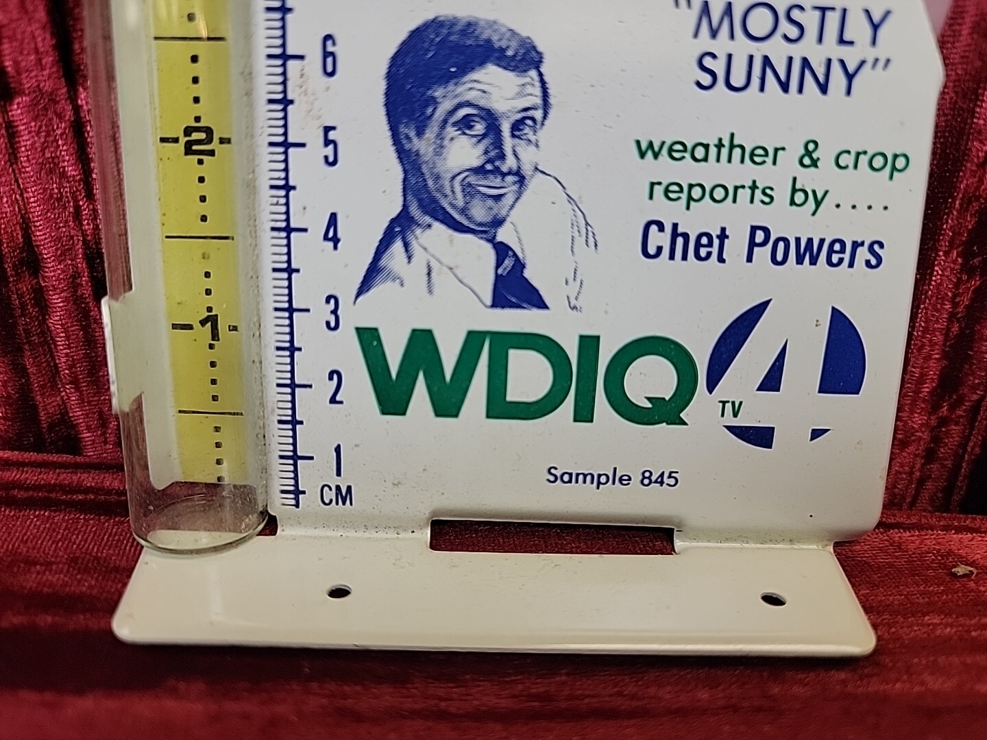 ADVERTISING RAIN GAUGE RECORDER WDIQ CHANNEL 4 CHET POWERS NEWS SUNNY WEATHER