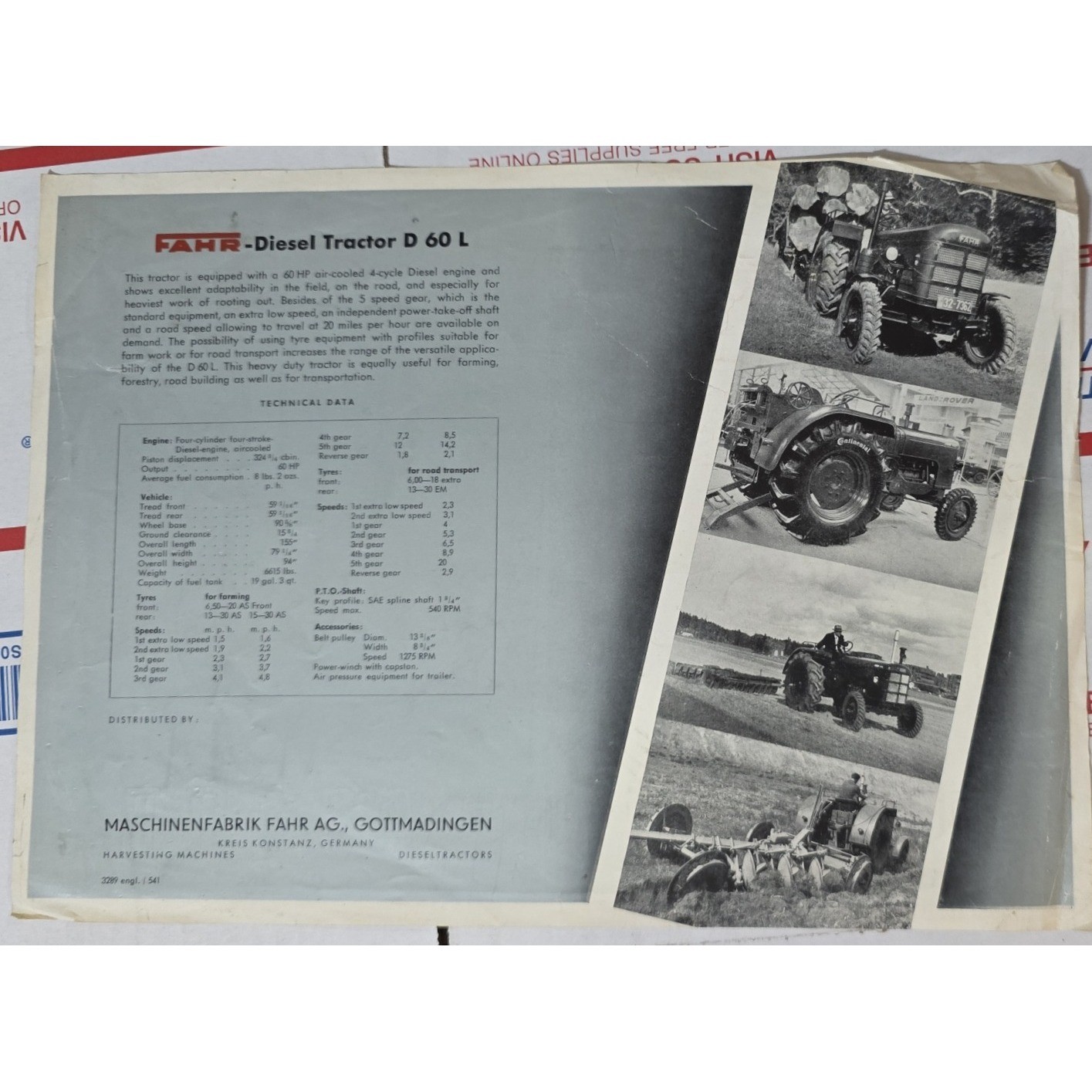 FAHR Diesel Tractor D 60L Original Sales Brochure Catalog Vintage