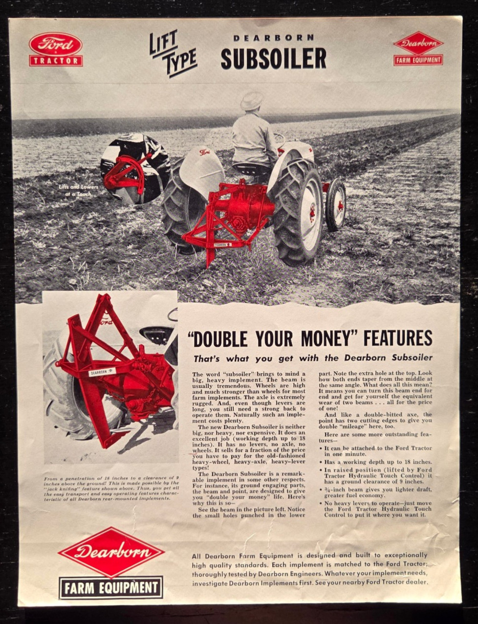 1949 FORD TRACTOR DEARBORN FARM EQUIPMENT LIFT TYPE SUBSOILER COLOR SPEC SHEET