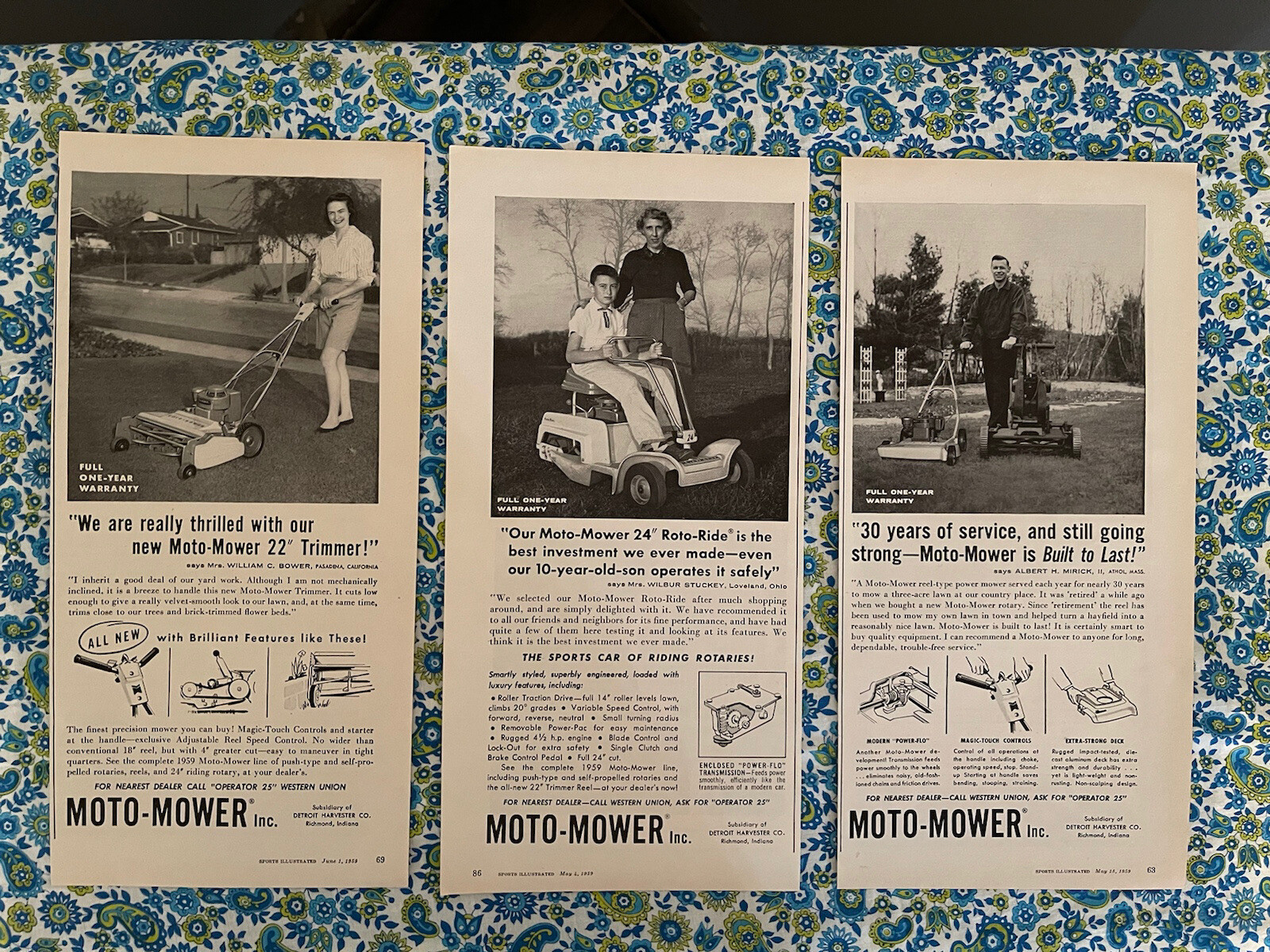 (3) Vintage 1959 Moto Mower Lawn Mower Print Ad Qty 3