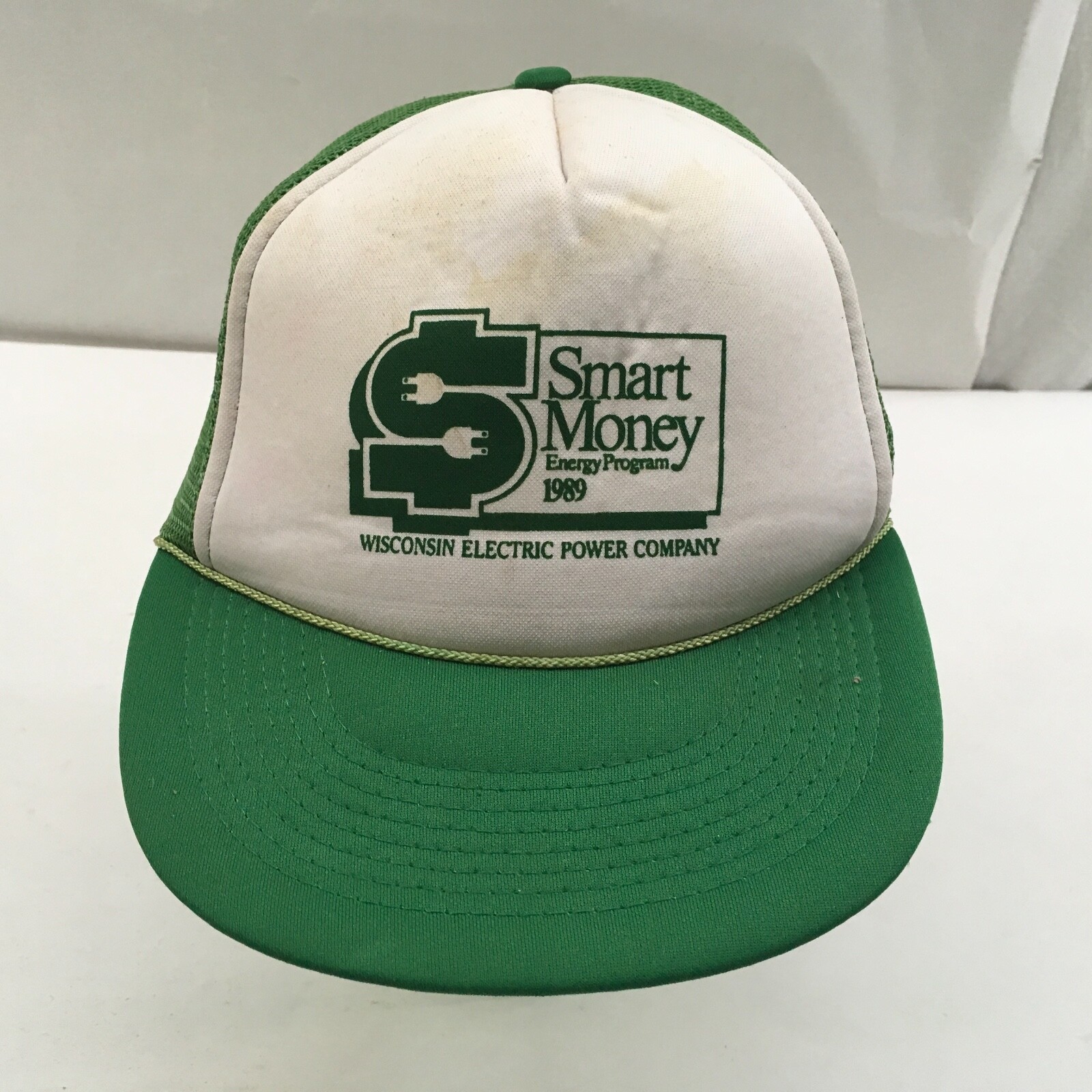 Vintage 1989 Farmer Cap Snap Back Hat Mesh Foam Wisconsin Electric Smart Money