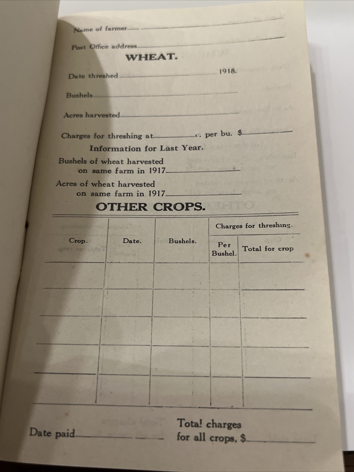 Antique 1918 Thresher&rsquo;s Record Book Farming US Department of Agriculture Forms