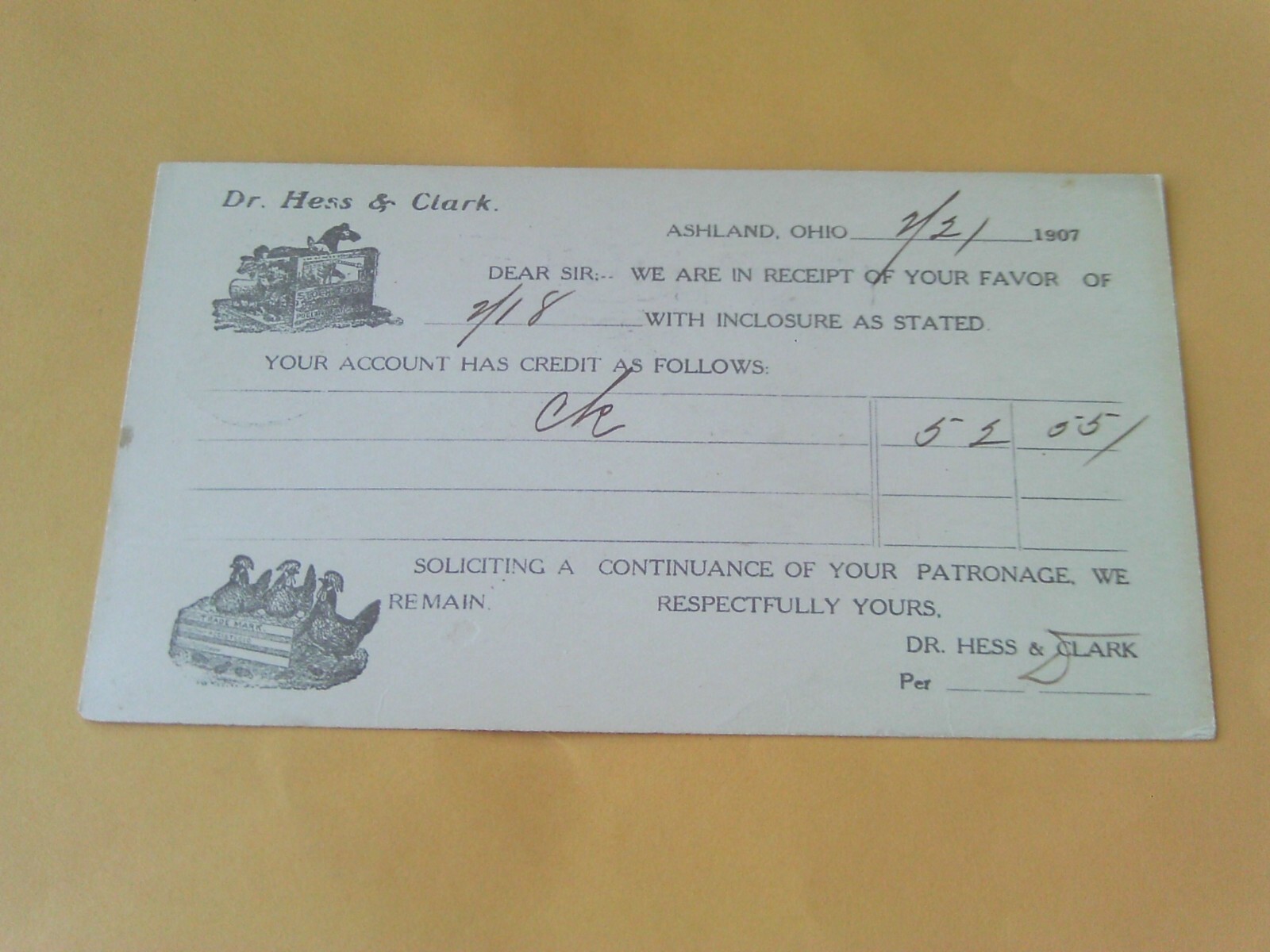 RARE 1907 POSTCARD DR HESS CLARK HORSE & CHICKEN POULTRY FEED FOOD ASHLAND OHIO