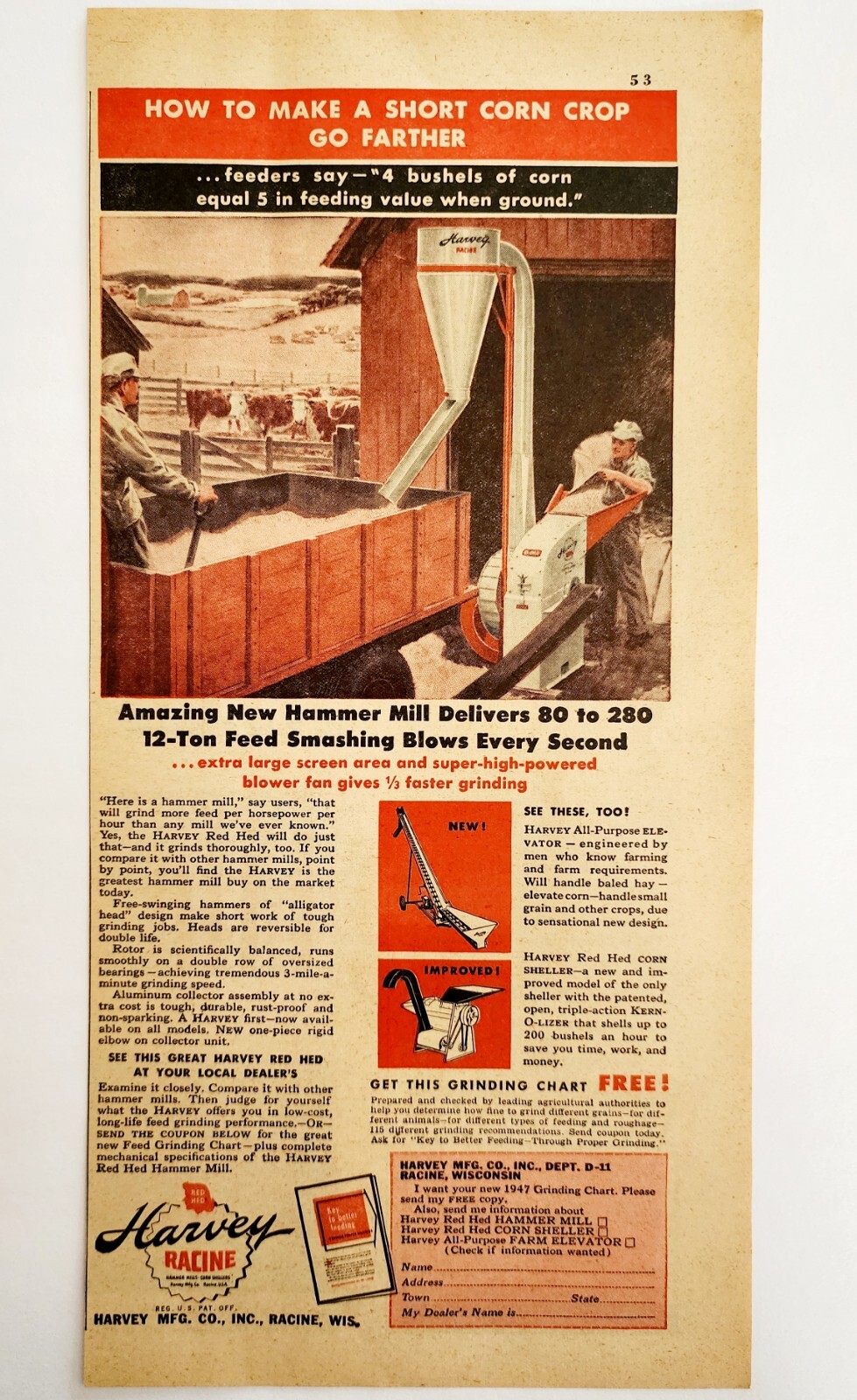 1947 Harvey Hammer Mill Corn Grinder Advertisement Farming Agriculture DWNN18