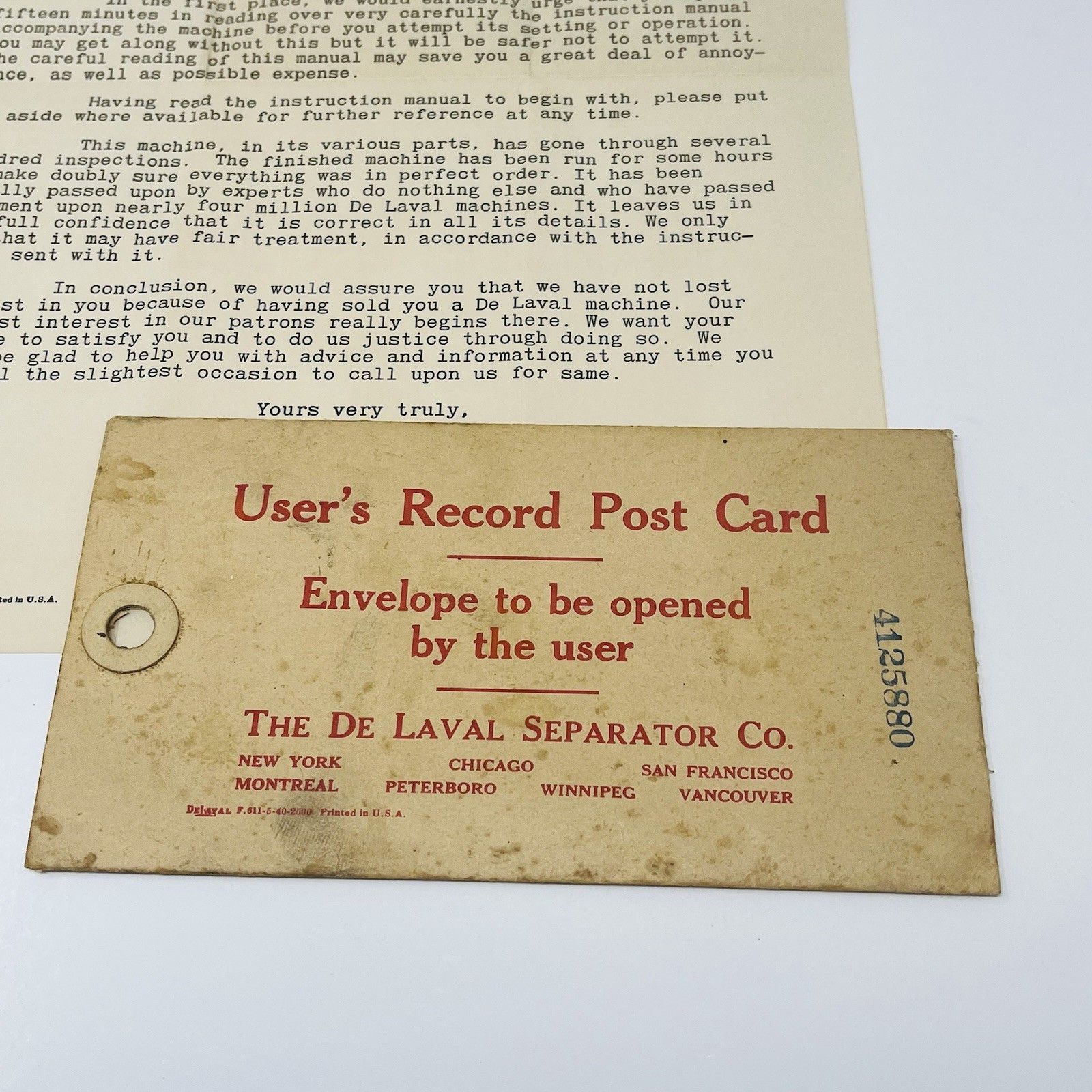 1940 The De Laval Separator Users Owners Letter Envelope