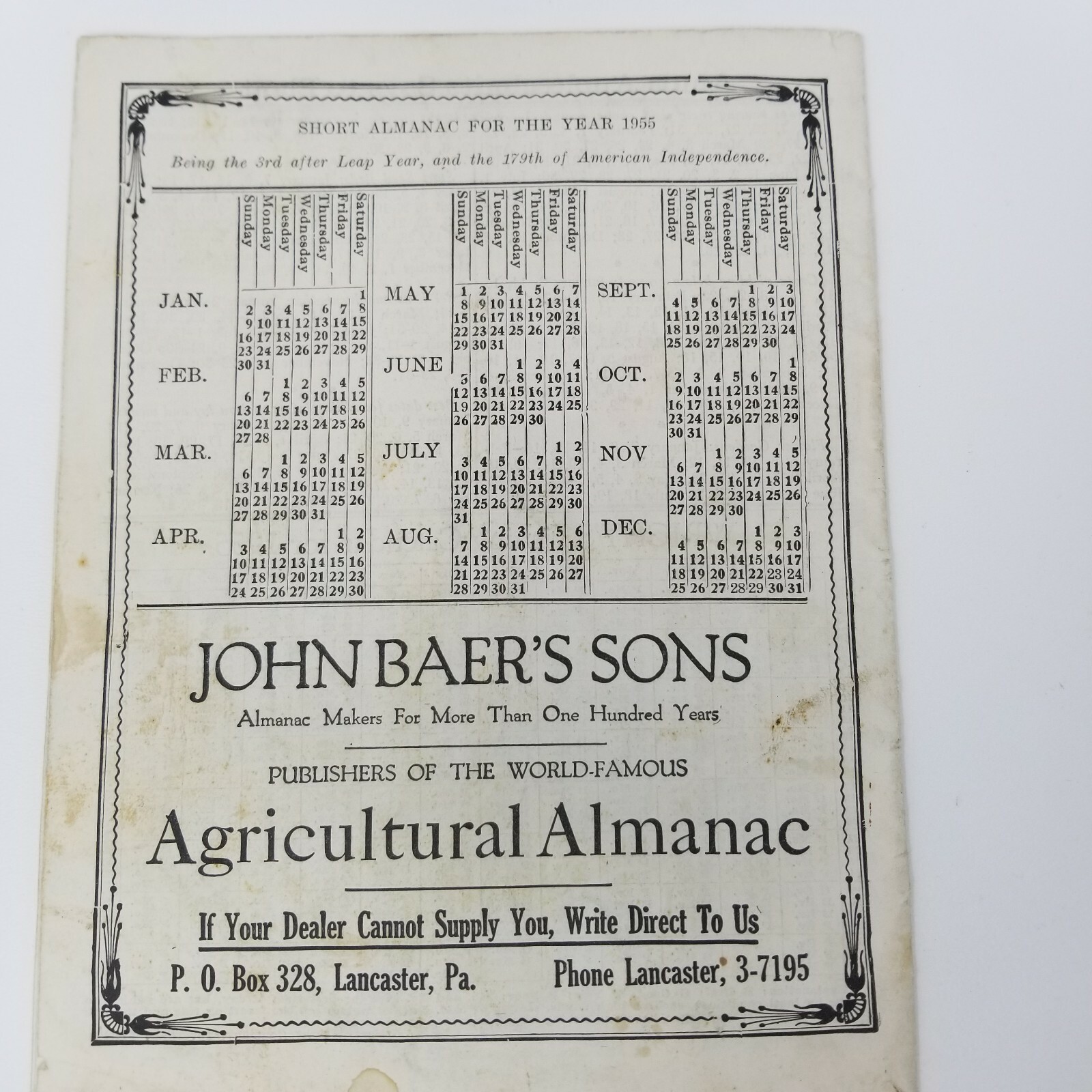 John Baer’s Sons Agricultural Almanac Lancaster, PA Vintage 1955 Volume 130