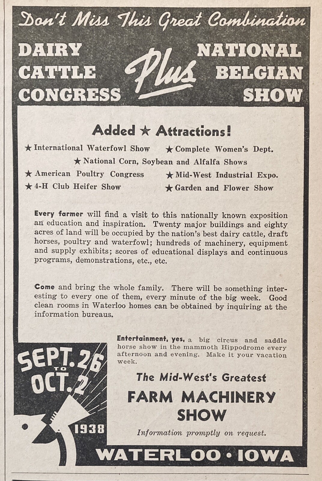 1938 AD(XH24)~THE MID-WEST FARM MACHINERY SHOW, WATERLOO, IOWA.