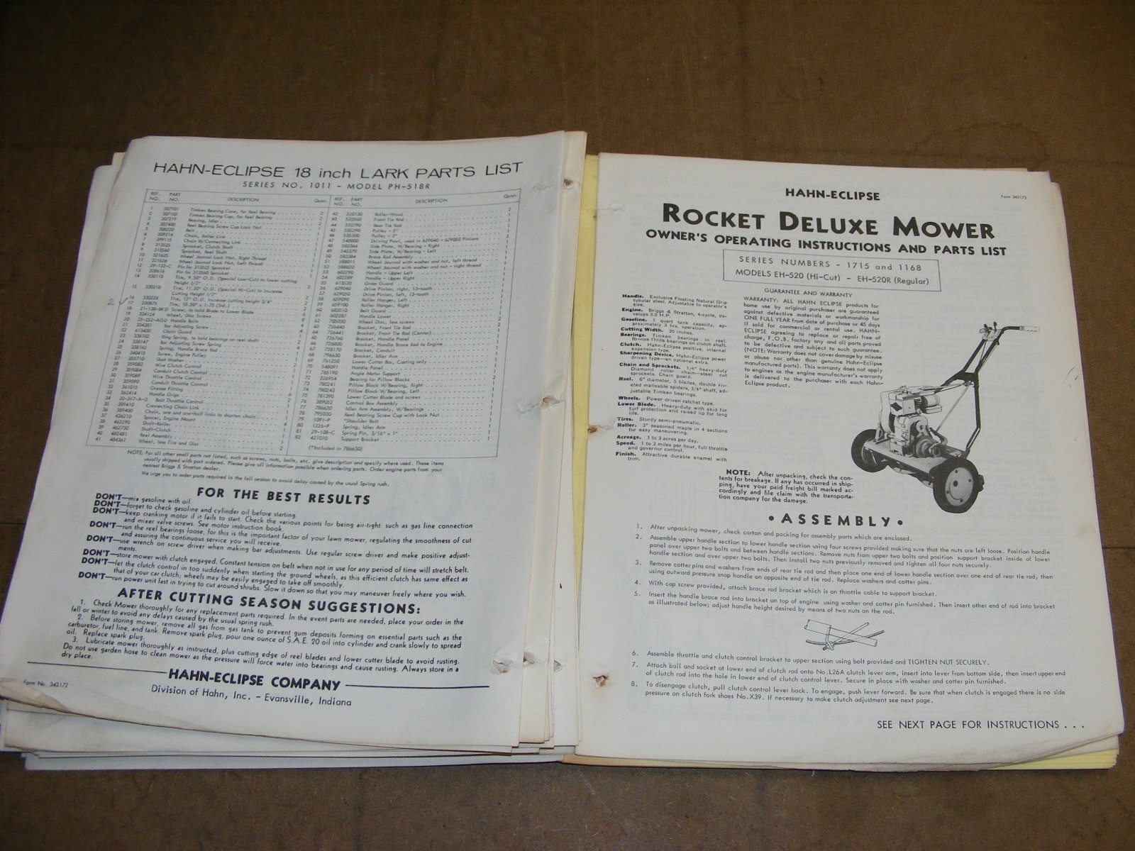 1960s Hahn Eclipse Mower Master Parts Catalog Maintenance Manual