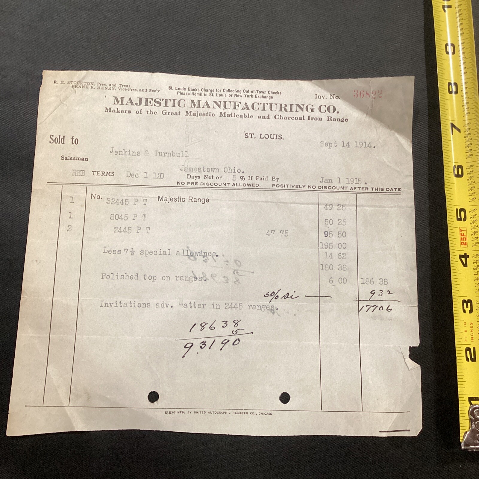 1914 Majestic Manufacturing Co Charcoal Iron Range St Louis & Jamestown Invoice