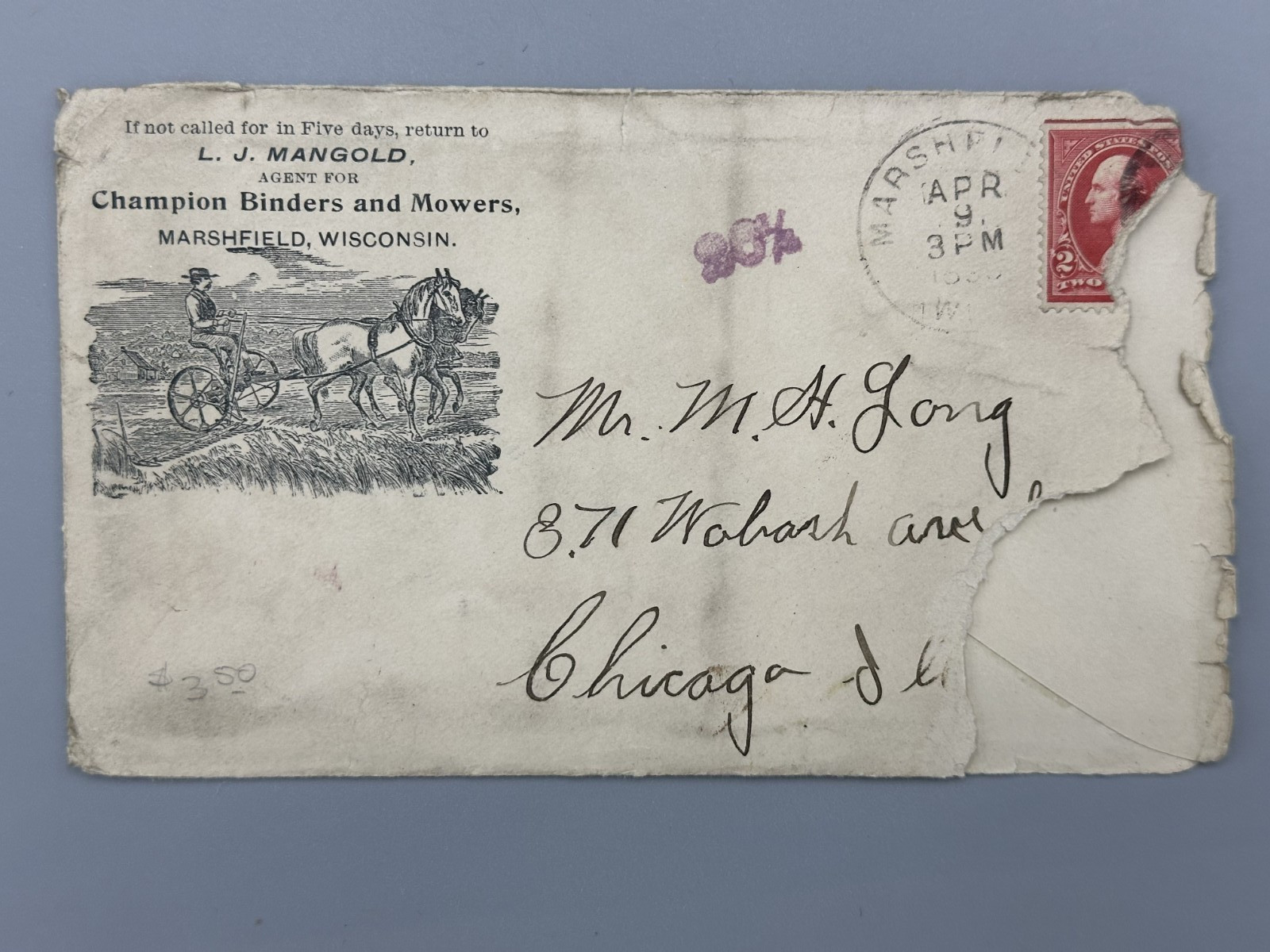 1896 CHAMPION Binders Mowers MARSHFIELD WI Postal Cover Letter FARM ADVERTISING