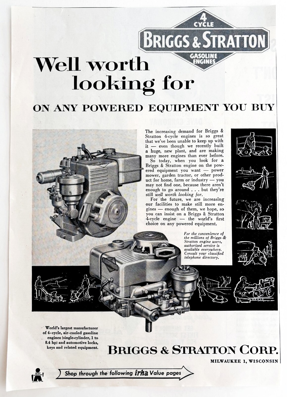 1956 Briggs & Stratton Engines Advertisement 4 Cycle Gasoline Industrial DWWW13