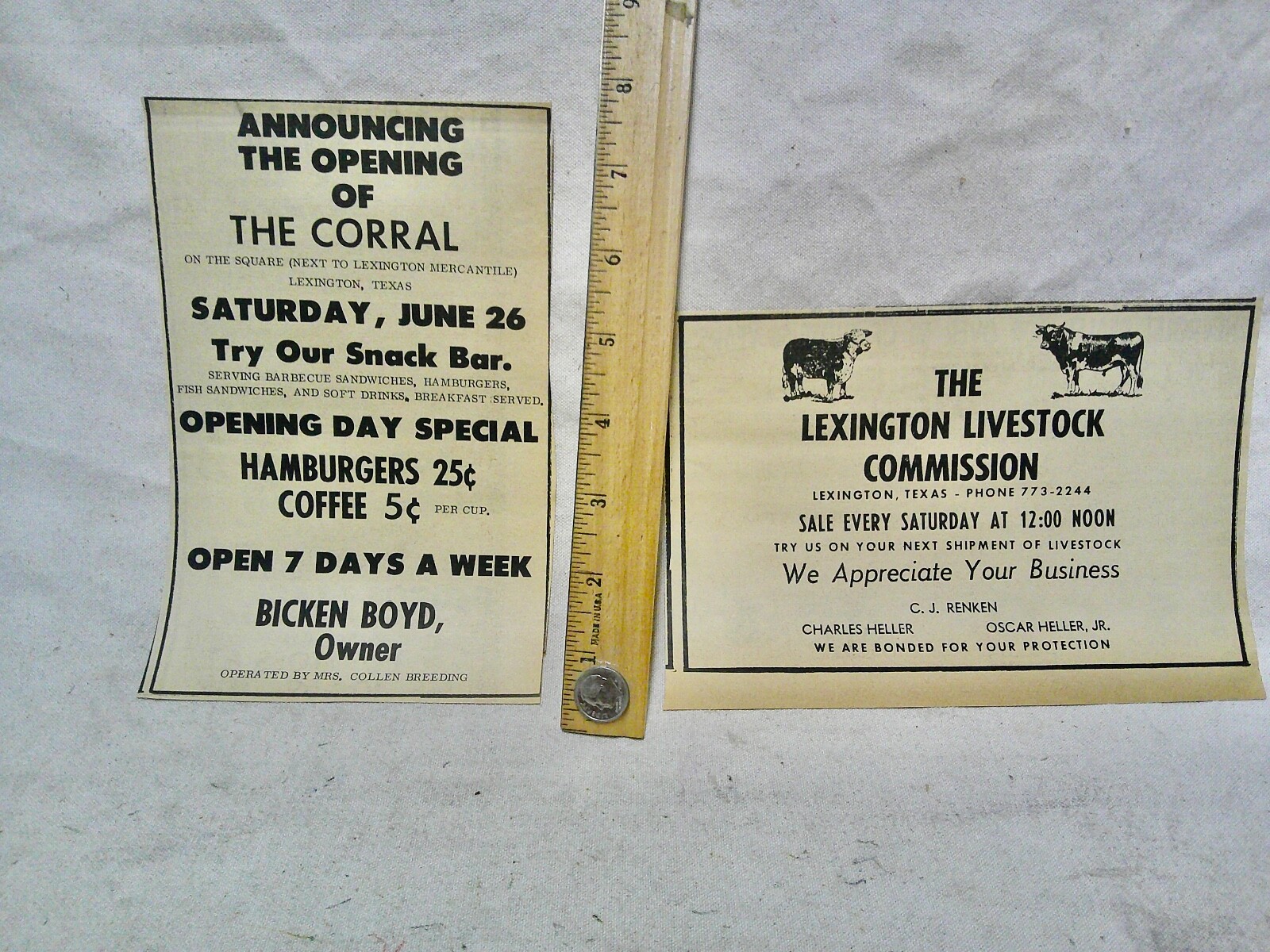 1971 Lexington Texas Livestock Trade & Corral Snack Bar (2) ads local town