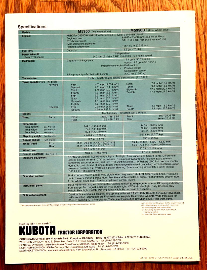 Kubota M5950 Diesel Tractor 2WD 4WD 1985 sales brochure